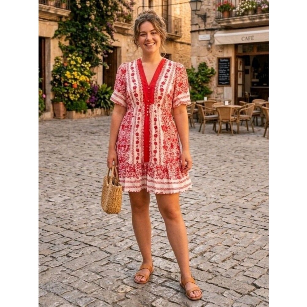 Taylor NWT Floral-Print Fit & Flare Ivory/Red Dress size 10 MSRP $129.00